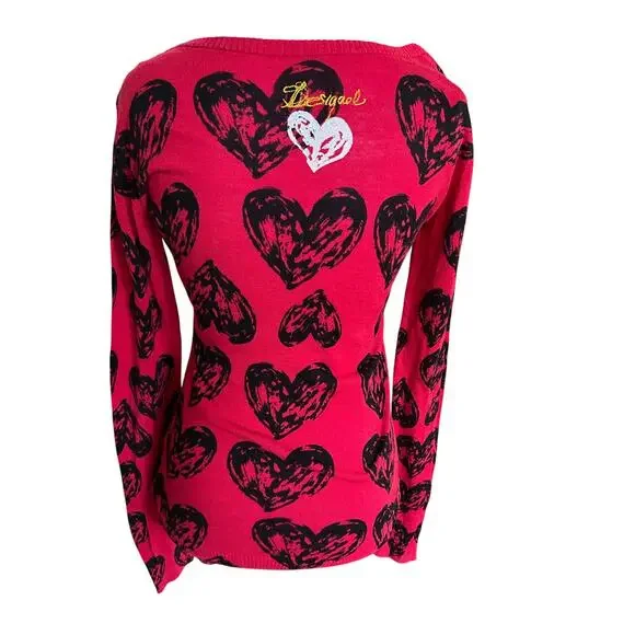 Desigual Red Heart Print Sweater Top Y2K Graphic Long Sleeve Women’s M - Picture 2 of 8